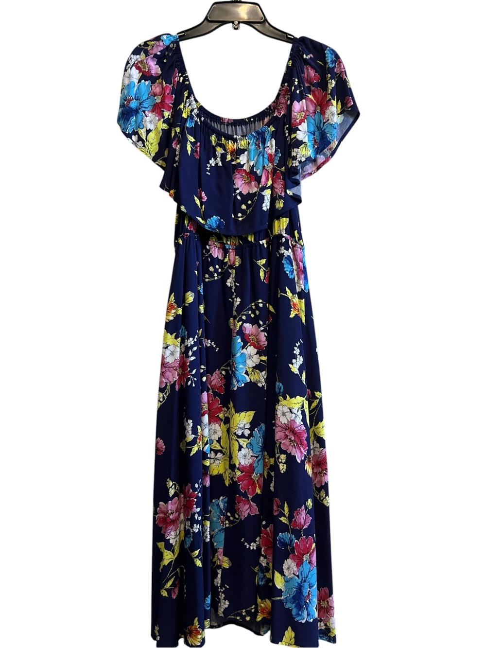BP. Navy Floral Midi Dress with Ruffle Overlay Size Large